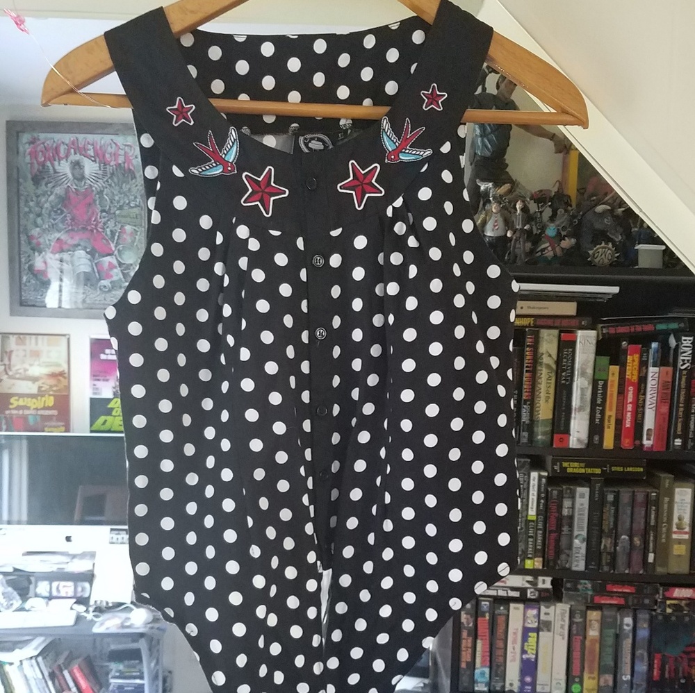 Rockabilly black and white polka dot front tie top